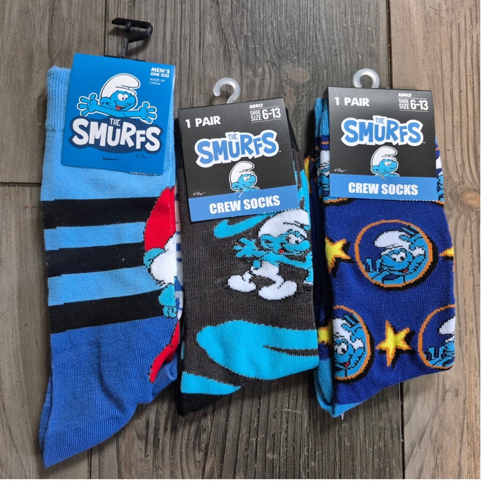 The Smurfs Mens Crew Socks 3 Pair Bundle Blue Striped Character Graphics NWT